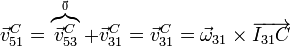 \vec{v}^C_{51} = \overbrace{\vec{v}^C_{53}}^{_\vec{0}}+\vec{v}^C_{31} = \vec{v}^C_{31}=\vec{\omega}_{31}\times\overrightarrow{I_{31}C}