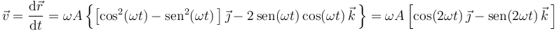 \vec{v}=\frac{\mathrm{d}\vec{r}}{\mathrm{d}t}=\omega A\left\{\left[\mathrm{cos}^2(\omega t)-\mathrm{sen}^2(\omega t)\,\right]\vec{\jmath}-2\,\mathrm{sen}(\omega t)\,\mathrm{cos}(\omega t)\,\vec{k}\,\right\}=\omega A\left[\mathrm{cos}(2\omega t)\,\vec{\jmath}-\mathrm{sen}(2\omega t)\,\vec{k}\,\right]
