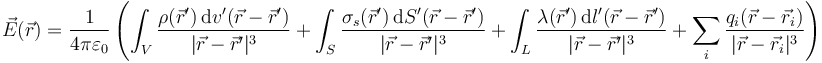 \vec{E}(\vec{r}) = \frac{1}{4\pi\varepsilon_0}\left(\int_V \frac{\rho(\vec{r}')\,\mathrm{d}v'(\vec{r}-\vec{r}')}{|\vec{r}-\vec{r}'|^3}+\int_S \frac{\sigma_s(\vec{r}')\,\mathrm{d}S'(\vec{r}-\vec{r}')}{|\vec{r}-\vec{r}'|^3}+\int_L \frac{\lambda(\vec{r}')\,\mathrm{d}l'(\vec{r}-\vec{r}')}{|\vec{r}-\vec{r}'|^3}+\sum_i \frac{q_i(\vec{r}-\vec{r}_i)}{|\vec{r}-\vec{r}_i|^3}\right)