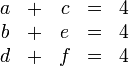 \begin{matrix}
a&+&c & = & 4 \\
b&+&e & = & 4 \\
d&+&f & = & 4
\end{matrix}
