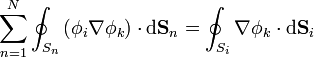 \sum_{n=1}^N\oint_{S_n}\left(\phi_i\nabla\phi_k\right)\cdot\mathrm{d}\mathbf{S}_n = \oint_{S_i}\nabla\phi_k\cdot\mathrm{d}\mathbf{S}_i