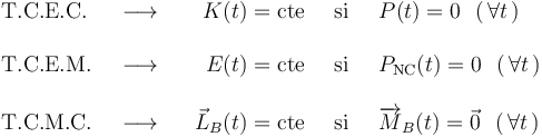 
\begin{array}{llrll}
\mathrm{T.C.E.C.} & \,\,\,\longrightarrow\,\,\,\,\, & K(t)=\mathrm{cte} & \,\,\,\mathrm{si}\,\,\, & P(t)=0\,\,\,\,(\,\forall t\,) \\ \\
\mathrm{T.C.E.M.} & \,\,\,\longrightarrow\,\,\,\,\, & E(t)=\mathrm{cte} & \,\,\,\mathrm{si}\,\,\, & P_{\mathrm{NC}}(t)=0\,\,\,\,(\,\forall t\,) \\ \\
\mathrm{T.C.M.C.} & \,\,\,\longrightarrow\,\,\,\,\, & \vec{L}_B(t)=\mathrm{cte} & \,\,\,\mathrm{si}\,\,\, & \overrightarrow{M}_B(t)=\vec{0}\,\,\,\,(\,\forall t\,)
\end{array}
