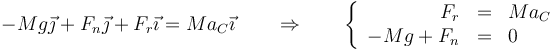 -Mg\vec{\jmath}+F_n\vec{\jmath}+F_r\vec{\imath}=Ma_C\vec{\imath}\qquad\Rightarrow\qquad \left\{\begin{array}{rcl} F_r & = & Ma_C \\ -Mg+F_n & = & 0 \end{array}\right.