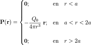 \mathbf{P}(\mathbf{r})=\begin{cases}
\mathbf{0}\mathbf{;}&\mathrm{en}\quad r<a\\ \\
\displaystyle -\frac{Q_0}{4\pi r^3}\ \mathbf{r}\mathbf{;}&\mathrm{en}\quad a<r<2a
\\ \\
\mathbf{0}\mathrm{;}&\mathrm{en}\quad r>2a \end{cases}