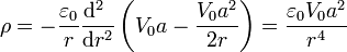 \rho = -\frac{\varepsilon_0}{r}\frac{\mathrm{d}^2\ }{\mathrm{d}r^2}\left(V_0a-\frac{V_0a^2}{2r}\right) = \frac{\varepsilon_0 V_0a^2}{r^4}