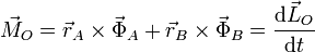 \vec{M}_O = \vec{r}_A\times\vec{\Phi}_A+\vec{r}_B\times\vec{\Phi}_B = \frac{\mathrm{d}\vec{L}_O}{\mathrm{d}t}