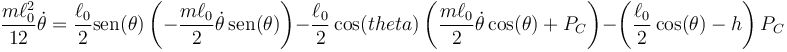 \frac{m\ell_0^2}{12}\dot{\theta}=\frac{\ell_0}{2}\mathrm{sen}(\theta)\left(-\frac{m\ell_0}{2}\dot{\theta}\,\mathrm{sen}(\theta)\right)-\frac{\ell_0}{2}\cos(theta)\left(\frac{m\ell_0}{2}\dot{\theta}\cos(\theta)+P_C\right)-\left(\frac{\ell_0}{2}\cos(\theta)-h\right)P_C