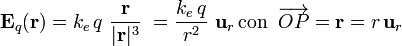 \mathbf{E}_q(\mathbf{r})=k_e\!\ q \ \frac{\mathbf{r}}{|\mathbf{r}|^3}\ =\frac{k_e\!\ q}{r^2}\ \mathbf{u}_r\,\mathrm{con}\;\;\overrightarrow{OP}=\mathbf{r}=r\!\ \mathbf{u}_r