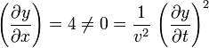 \left(\frac{\partial y}{\partial x}\right)=4\neq 0 = \frac{1}{v^2}\,\left(\frac{\partial y}{\partial t}\right)^2