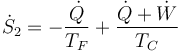 \dot{S}_2 = -\frac{\dot{Q}}{T_F}+\frac{\dot{Q}+\dot{W}}{T_C}