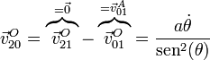 \vec{v}^O_{20}=\overbrace{\vec{v}^O_{21}}^{=\vec{0}}-\overbrace{\vec{v}^O_{01}}^{=\vec{v}^A_{01}} = \frac{a\dot{\theta}}{\mathrm{sen}^2(\theta)}