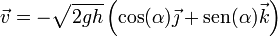 \vec{v}=-\sqrt{2gh}\left(\cos(\alpha)\vec{\jmath}+\mathrm{sen}(\alpha)\vec{k}\right)