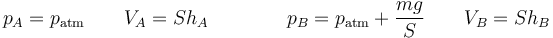 p_A = p_\mathrm{atm}\qquad V_A = Sh_A\qquad\qquad p_B= p_\mathrm{atm}+\frac{mg}{S}\qquad V_B = Sh_B