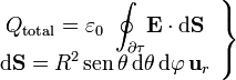 \left.\begin{array}{c}\displaystyle Q_\mathrm{total}=\varepsilon_0\ \oint_{\partial\tau}\!\mathbf{E}\cdot
\mathrm{d}\mathbf{S}\\ \displaystyle \mathrm{d}\mathbf{S}=R^2\,\mathrm{sen}\,\theta\,\mathrm{d}\theta\,\mathrm{d}\varphi\,\mathbf{u}_{r}\end{array}\right\}