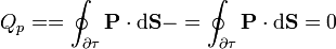 Q_p = =\oint_{\partial\tau}\mathbf{P}\cdot\mathrm{d}\mathbf{S}-=\oint_{\partial\tau}\mathbf{P}\cdot\mathrm{d}\mathbf{S} = 0