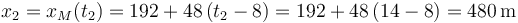 
x_2=x_M(t_2)=192+48\,(t_2-8)=192+48\,(14-8)=480\,\mathrm{m}
