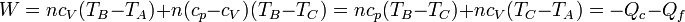 W=nc_V(T_B-T_A)+n(c_p-c_V)(T_B-T_C)=nc_p(T_B-T_C)+nc_V(T_C-T_A)=-Q_c-Q_f\,