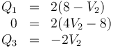 \begin{array}{rcl}
Q_1 & = & 2(8-V_2) \\
0 & = & 2(4V_2-8) \\
Q_3 & = & -2V_2
\end{array}