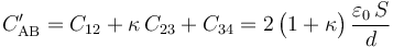 C_{\mathrm{A}\mathrm{B}}^\prime=C_{12}+\kappa\!\ C_{23}+C_{34}=2\!\ \big(1+\kappa\big)\!\ \frac{\varepsilon_0\!\ S}{d}