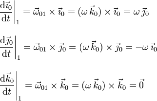 
  \left.
  \begin{array}{l}
    \left.\dfrac{\mathrm{d}\vec{\imath}_0}{\mathrm{d}t}\right|_1 = \vec{\omega}_{01}\times\vec{\imath}_0 = (\omega\,\vec{k}_0)\times\vec{\imath}_0 =
    \omega\,\vec{\jmath}_0
    \\ \\
    \left.\dfrac{\mathrm{d}\vec{\jmath}_0}{\mathrm{d}t}\right|_1 = \vec{\omega}_{01}\times\vec{\jmath}_0 = (\omega\,\vec{k}_0)\times\vec{\jmath}_0 =
    -\omega\,\vec{\imath}_0
    \\ \\
    \left.\dfrac{\mathrm{d}\vec{k}_0}{\mathrm{d}t}\right|_1 = \vec{\omega}_{01}\times\vec{k}_0 = (\omega\,\vec{k}_0)\times\vec{k}_0 =
    \vec{0}
  \end{array}
  \right.
