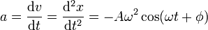 a = \frac{\mathrm{d}v}{\mathrm{d}t}=\frac{\mathrm{d}^2x}{\mathrm{d}t^2}=-A\omega^2\cos(\omega t+\phi)