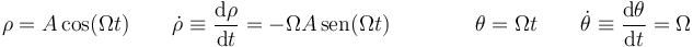 \rho = A\cos(\Omega t)\qquad\dot{\rho}\equiv\frac{\mathrm{d}\rho}{\mathrm{d}t}=-\Omega A\,\mathrm{sen}(\Omega t)\qquad\qquad\theta = \Omega t\qquad \dot{\theta}\equiv\frac{\mathrm{d}\theta}{\mathrm{d}t}=\Omega