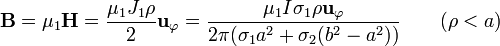 \mathbf{B}=\mu_1\mathbf{H} = \frac{\mu_1 J_1\rho}{2}\mathbf{u}_{\varphi}= \frac{\mu_1 I \sigma_1\rho \mathbf{u}_{\varphi}}
{2\pi(\sigma_1 a^2+\sigma_2(b^2-a^2))}\qquad (\rho< a)