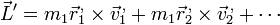 \vec{L}' = m_1\vec{r}^{\,,}_1\times\vec{v}^{\,,}_1+m_1\vec{r}^{\,,}_2\times\vec{v}^{\,,}_2 + \cdots