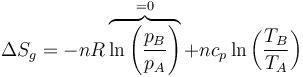 \Delta S_g = -n R\overbrace{\ln\left(\frac{p_B}{p_A}\right)}^{=0}+n c_p\ln\left(\frac{T_B}{T_A}\right)