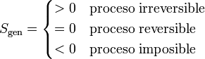 S_\mathrm{gen}=\begin{cases} > 0 & \mbox{proceso irreversible} \\ = 0 & \mbox{proceso reversible} \\ < 0 & \mbox{proceso imposible}\end{cases}