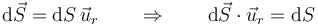 \mathrm{d}\vec{S}=\mathrm{d}S\,\vec{u}_r\qquad\Rightarrow\qquad \mathrm{d}\vec{S}\cdot\vec{u}_r=\mathrm{d}S