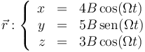 \vec{r}:\left\{\begin{array}{rcl} x & = &4B\cos(\Omega t) \\ y & = & 5B\,\mathrm{sen}(\Omega t)\\ z & = & 3B\cos(\Omega t)\end{array}\right.