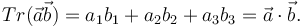 
Tr(\vec{a}\vec{b}) = a_1b_1 + a_2b_2  + a_3b_3 = \vec{a}\cdot\vec{b}.
