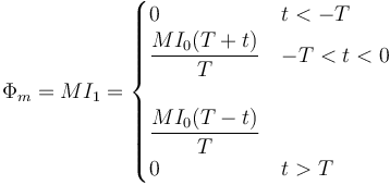 \Phi_m = MI_1 = \begin{cases} 0 & t < -T \\ 
\dfrac{MI_0(T+t)}{T} & -T < t < 0 \\ & \\ \dfrac{MI_0(T-t)}{T} \\ 0 & t > T\end{cases}