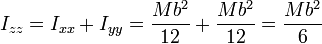 I_{zz} = I_{xx}+I_{yy} = \frac{Mb^2}{12}+\frac{Mb^2}{12} = \frac{Mb^2}{6}
