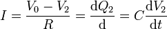 I = \frac{V_0-V_2}{R} = \frac{\mathrm{d}Q_2}{\mathrm{d}}=C\frac{\mathrm{d}V_2}{\mathrm{d}t}