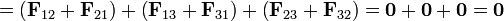 
= \left(\mathbf{F}_{12}+\mathbf{F}_{21}\right) + \left(\mathbf{F}_{13}+\mathbf{F}_{31}\right) + \left(\mathbf{F}_{23}+\mathbf{F}_{32}\right) = \mathbf{0} + \mathbf{0} + \mathbf{0} = \mathbf{0}