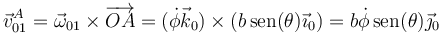\vec{v}^A_{01}=\vec{\omega}_{01}\times\overrightarrow{OA}=(\dot{\phi}\vec{k}_0)\times(b\,\mathrm{sen}(\theta)\vec{\imath}_0)=b\dot{\phi}\,\mathrm{sen}(\theta)\vec{\jmath}_0