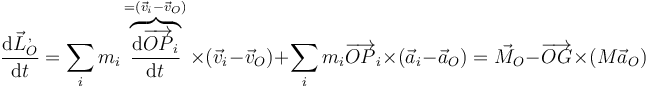 \frac{\mathrm{d}\vec{L}^{\,,}_O}{\mathrm{d}t}=\sum_i m_i \overbrace{\frac{\mathrm{d}\overrightarrow{OP}_i}{\mathrm{d}t}}^{=(\vec{v}_i-\vec{v}_O)}\times(\vec{v}_i-\vec{v}_O)+\sum_i m_i\overrightarrow{OP}_i\times (\vec{a}_i-\vec{a}_O)= \vec{M}_O-\overrightarrow{OG}\times(M\vec{a}_O)