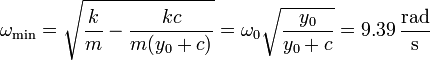 \omega_\mathrm{min}=\sqrt{\frac{k}{m}-\frac{kc}{m(y_0+c)}}=\omega_0\sqrt{\frac{y_0}{y_0+c}}=9.39\,\frac{\mathrm{rad}}{\mathrm{s}}