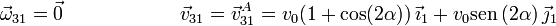 
\vec{\omega}_{31} = \vec{0} \qquad \qquad \qquad
\vec{v}_{31} = \vec{v}_{31}^A = v_0(1+\cos(2\alpha))\,\vec{\imath}_1 + v_0\mathrm{sen}\,(2\alpha)\,\vec{\jmath}_1
