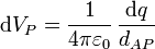 \mathrm{d}V_P = \frac{1}{4\pi\varepsilon_0}\,\frac{\mathrm{d}q}{d_{AP}}