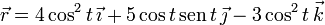 \vec{r}=4\cos^2t\,\vec{\imath}+5\cos t\,\mathrm{sen}\,t\,\vec{\jmath}-3\cos^2t\,\vec{k}