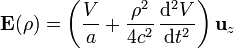 \mathbf{E}(\rho)=\left(\frac{V}{a}+\frac{\rho^2}{4c^2}\,\frac{\mathrm{d}^2V}{\mathrm{d}t^2}\right)\mathbf{u}_{z}