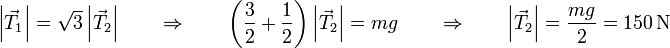 \left|\vec{T}_1\right| = \sqrt{3}\left|\vec{T}_2\right|\qquad\Rightarrow\qquad \left(\frac{3}{2}+\frac{1}{2}\right)\left|\vec{T}_2\right| = mg\qquad\Rightarrow\qquad \left|\vec{T}_2\right| = \frac{mg}{2} = 150\,\mathrm{N}