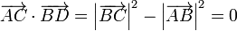 \overrightarrow{AC}\cdot\overrightarrow{BD} =\left|\overrightarrow{BC}\right|^2-\left|\overrightarrow{AB}\right|^2=0