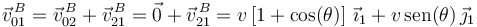 
\vec{v}^{\, B}_{01}=\vec{v}^{\, B}_{02}+\vec{v}^{\, B}_{21}=\vec{0}+\vec{v}^{\, B}_{21}=
v\left[1+\mathrm{cos}(\theta)\right]\,\vec{\imath}_1+v\,\mathrm{sen}(\theta)\,\vec{\jmath}_1
