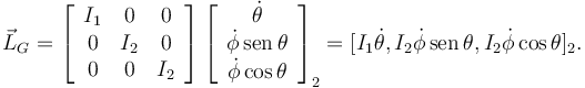 
\vec{L}_G
=
\left[
\begin{array}{ccc}
I_{1} & 0 & 0 \\
0 & I_{2} & 0 \\
0 & 0 & I_{2}
\end{array}
\right]
\left[
\begin{array}{c}
\dot{\theta} \\ \dot{\phi}\,\mathrm{sen}\,\theta \\  \dot{\phi}\cos\theta
\end{array}
\right]_2
=
[I_1\dot{\theta}, I_2 \dot{\phi}\,\mathrm{sen}\,\theta, I_2 \dot{\phi}\cos\theta
]_2.
