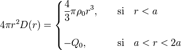 4\pi r^2D(r)=\begin{cases}\displaystyle\frac{4}{3}\pi \rho_0 r^3\mathrm{,}&\quad\mathrm{si}\quad r<a\\ \\
\displaystyle -Q_0 \mathrm{,}&\quad\mathrm{si}\quad a<r<2a\end{cases}