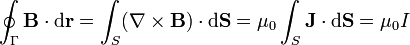 \oint_\Gamma\mathbf{B}\cdot\mathrm{d}\mathbf{r}=\int_S(\nabla\times\mathbf{B})\cdot\mathrm{d}\mathbf{S}=\mu_0\int_S\mathbf{J}\cdot\mathrm{d}\mathbf{S}=\mu_0I